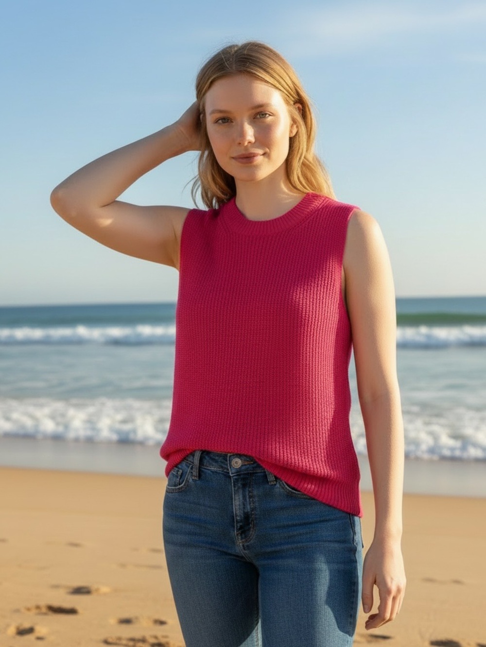 Hot Pink Crew Neck Ribbed Sweater Knit Tank